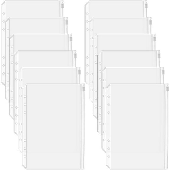 1set 12Pcs A5 Binder Pockets 6 Holes Budget Cash Envelopes Clear Zipper Folders Waterproof PVC 6 Rings Loose Leaf Bags Binders for Planner Inserts Document Pouch Filing Pencil Office Supplies Clear