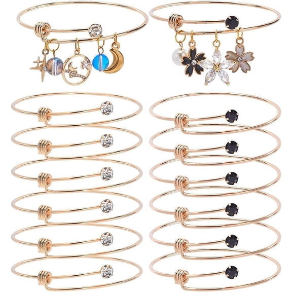 1set 12Pcs Gold Expandable Bangles Adjustable Wire Bangle 304 Stainless Steel with Rhinestone Thin Blank Cuff Bangle Charm Bracelets DIY