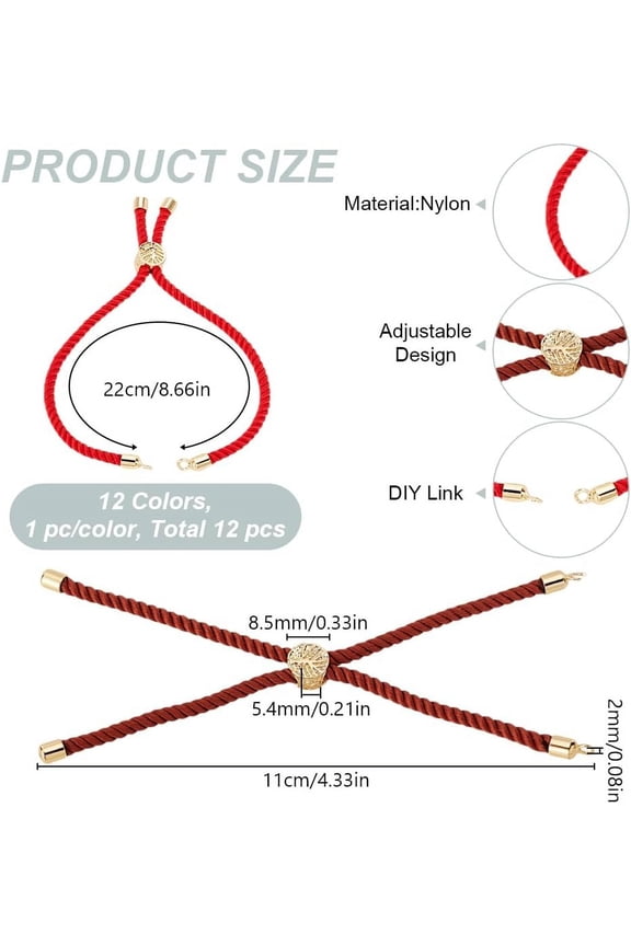 1set 12pcs 12 colors Nylon Cord Slider Bracelets for Connector Charm Bracelet Making with Golden Metal Findings Tree of Life Mixed color 4-3/8x3/8x1/4 inch(11x0.85x0.54cm) Hole: 2mm 1pc/color