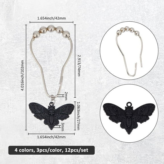 1set 12pcs 4 colors Iron Shower Curtain Rings for Bathroom with Alloy Moth with Skull Charm Mixed color 102mm 3pcs/set