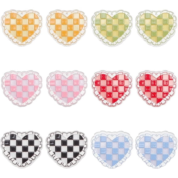 1set 12pcs 6 colors Transparent Acrylic Pendants Heart with Glitter Powder Mixed color 30.5x34.5x2.5mm Hole: 1.6mm 2pcs/color
