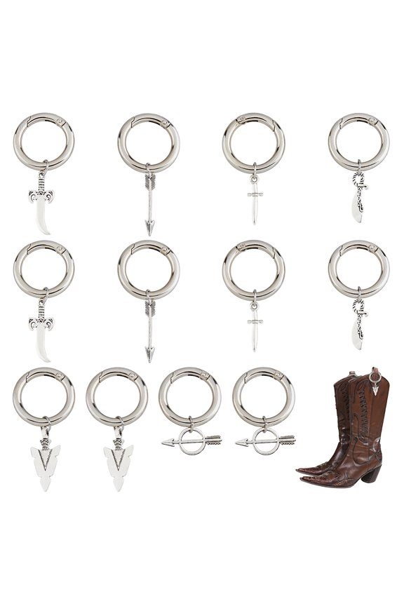 1set 12pcs 6 style Dagger/Arrow/ style Alloy Shoe with Zinc Alloy Spring Gate Rings 43~60mm 2pcs/style
