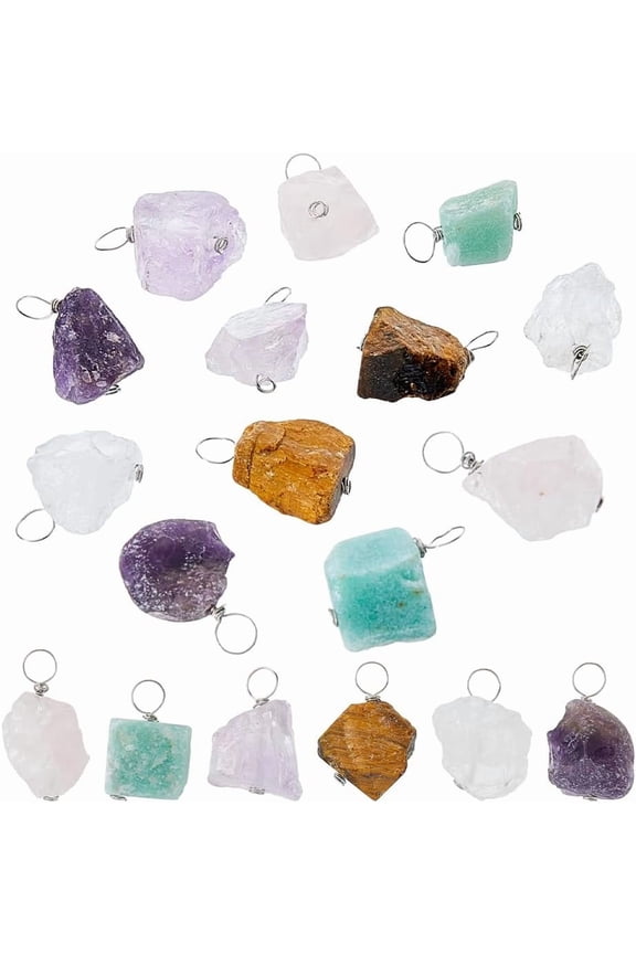 1set 12pcs 6 styles Raw Rough Green Aventurine & Amethyst & Tiger Eye & Quartz & Rose Quartz Pendants Copper Wire Wrapped Nuggets Silver 20mm 2pcs/style