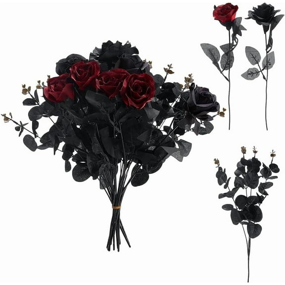1set 12pcs Black Flowers 3 Styles Artificial Silk Flowers Eucalyptus Leaves Roses Bouquet Floral Gothic Rose Bushes Flower Arrangement for Christmas Party Home Outdoor Indoor Decor