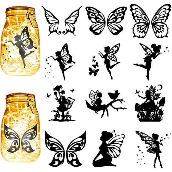 1set 12pcs Butterfly Fairy Silhouettes Mason Jar Decor Angel Laser Cut Cardboard Scrapbook Cutouts Die Cuts PVC for Crafting Lantern Jars Wall Painting Window Glass Phones 3.9x3.5Inch-No Sticker