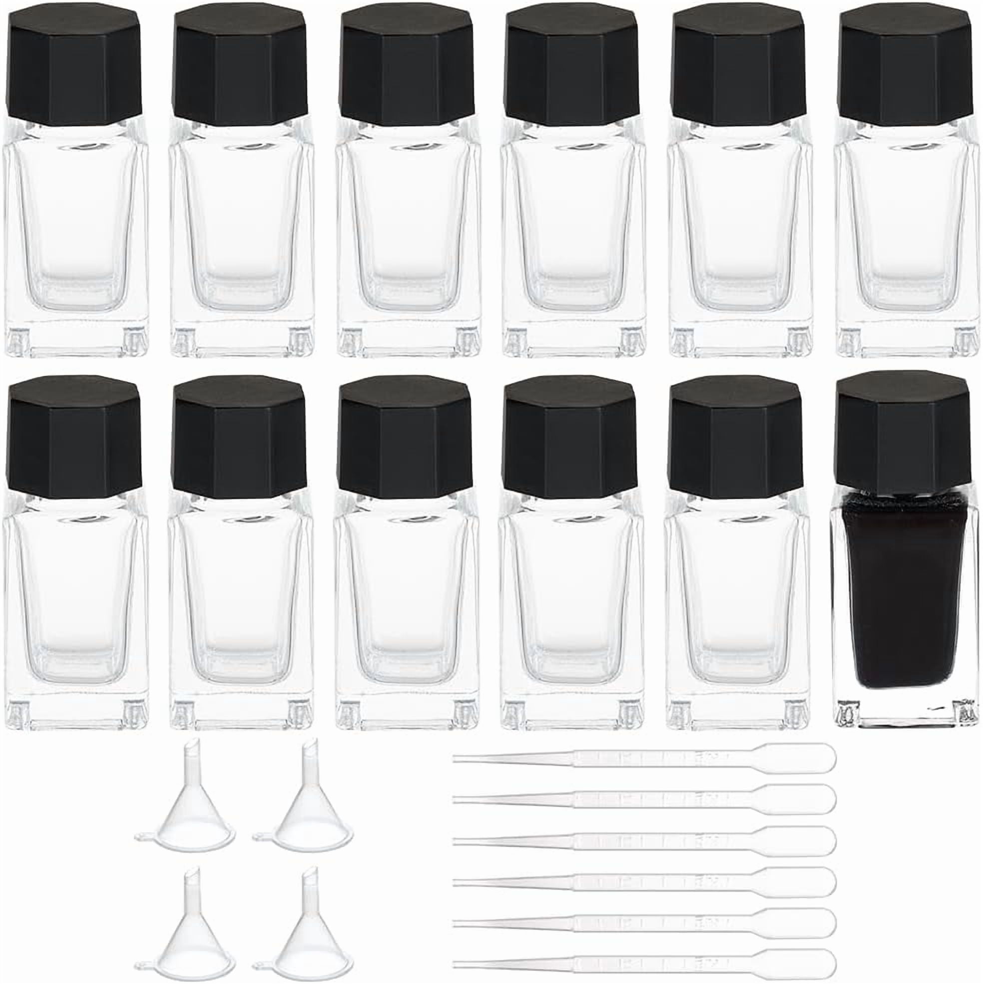 1set 12pcs Glass Fountain Pen Ink Bottle with Plastic Bottle Cap and 4pcs Funnel Hopper & 6pcs Dropper Clear 66x29x29mm Capacity: 18ml(0.61fl. oz)