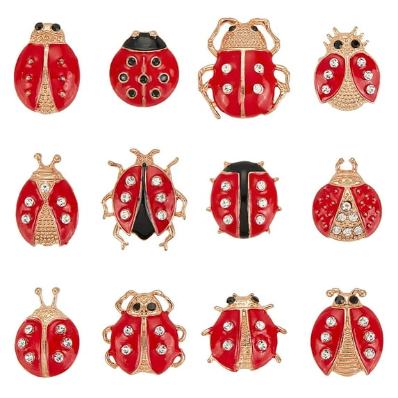 1set 12pcs Ladybird Brooch Pin golden Red Alloy Insect Brooches with Rhinestone Enamel Animal Brooches Pins Badges Animal Brooch set for Backpack Clothes Hat Accessories - 12styles Bead Assortments