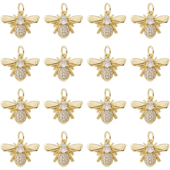 1set 12pcs Rack Plating Brass Micro Pave Clear Cubic Zirconia Pendants Bees with Jump Rings Long-Lasting Cadmium Free & Lead Free golden 12.5x17x3.5mm Hole: 3.2mm