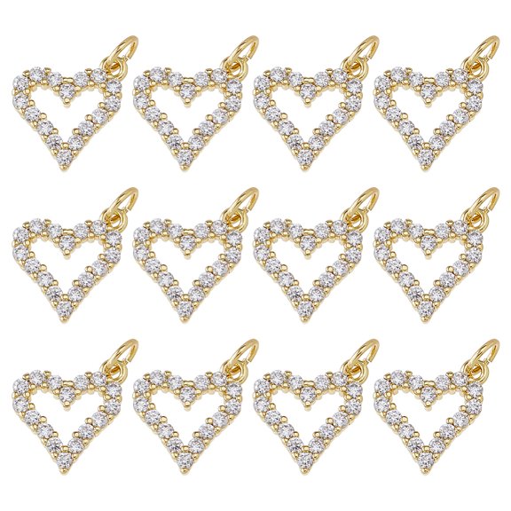 1set 12pcs Rack Plating Brass Micro Pave Cubic Zirconia Pendants Heart Charms with Jump Ring Long-Lasting Plated Lead Free & Cadmium Free Real 18K golden Plated 12.5x11.5x2.5mm Hole: 3mm
