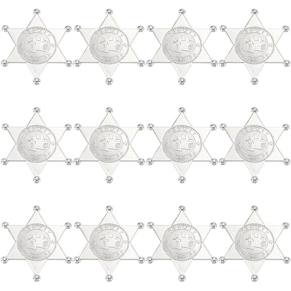 1set 12pcs Sheriff Badges Western Cop Star Deputy Badge Plastic Brooch Police Badges Pin Old West Prop Cowboy Party Decoration Badge for Cosplay Party Costume Play Props Silver DIY
