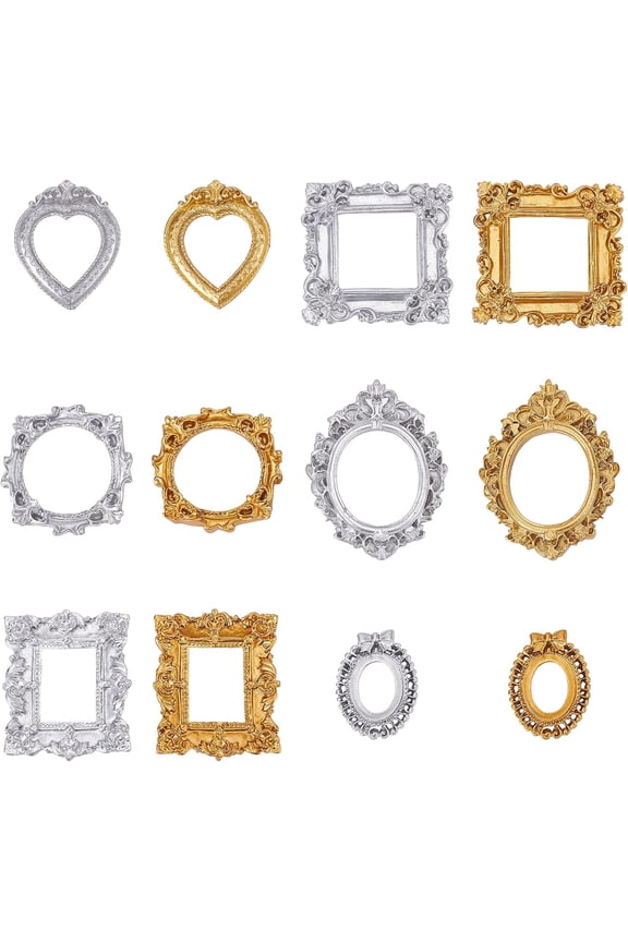 1set 12pcs Vintage Resin Picture Frame Props Photo Frame 6 Sizes Frame Wall Hanging Photo Frame Table Top Jewelry Display Decor (golden + silver)