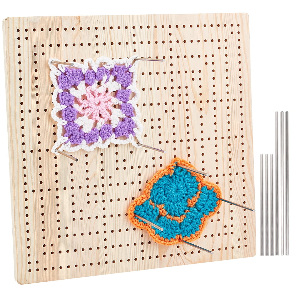 1set 13x11.8inch Crochet Blocking Board Square Wooden Blocking Mat with 24pcs 3.9" & 6pcs 5.9" Stainless Steel Rods for Handcrafted Knitting and Crocheting Sewing Gift