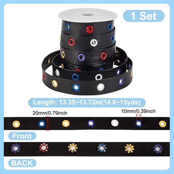 1set 14.6~15 Yards Flat Imitation Leather Cords with Spray Painted Colorful Alloy Eyelets Garment Accessories Black 20mm Hole: 10mm