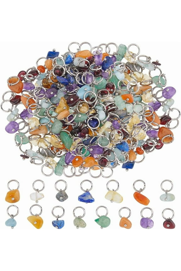 1set 140Pcs 7 Colors Natural Gemstone Charms Stone Charms Bulk Mixed Gemstone Pendants Irregular Stone Chip Pendants with Platinum Golden Brass Loop for Jewelry Making