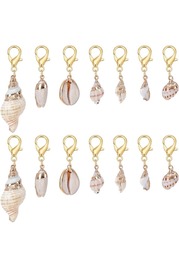 1set 14pcs Shell Decoration with Alloy Lobster Claw Clasps Golden 42~70mm 2pcs/style