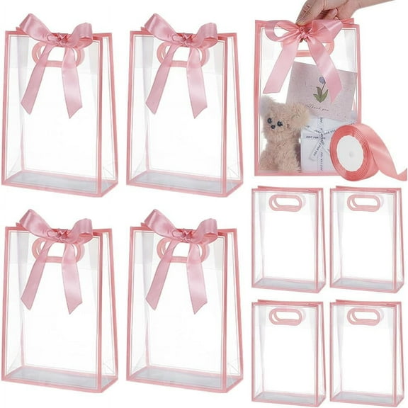 1set 15 Pcs Clear Pink Plastic Gift Bag 26cm Rectangle Transparent Folding Plastic Gift Bags with Hole Handles Reusable Favor Bag for Boutique Wedding Birthday Fall Party Favors Pink