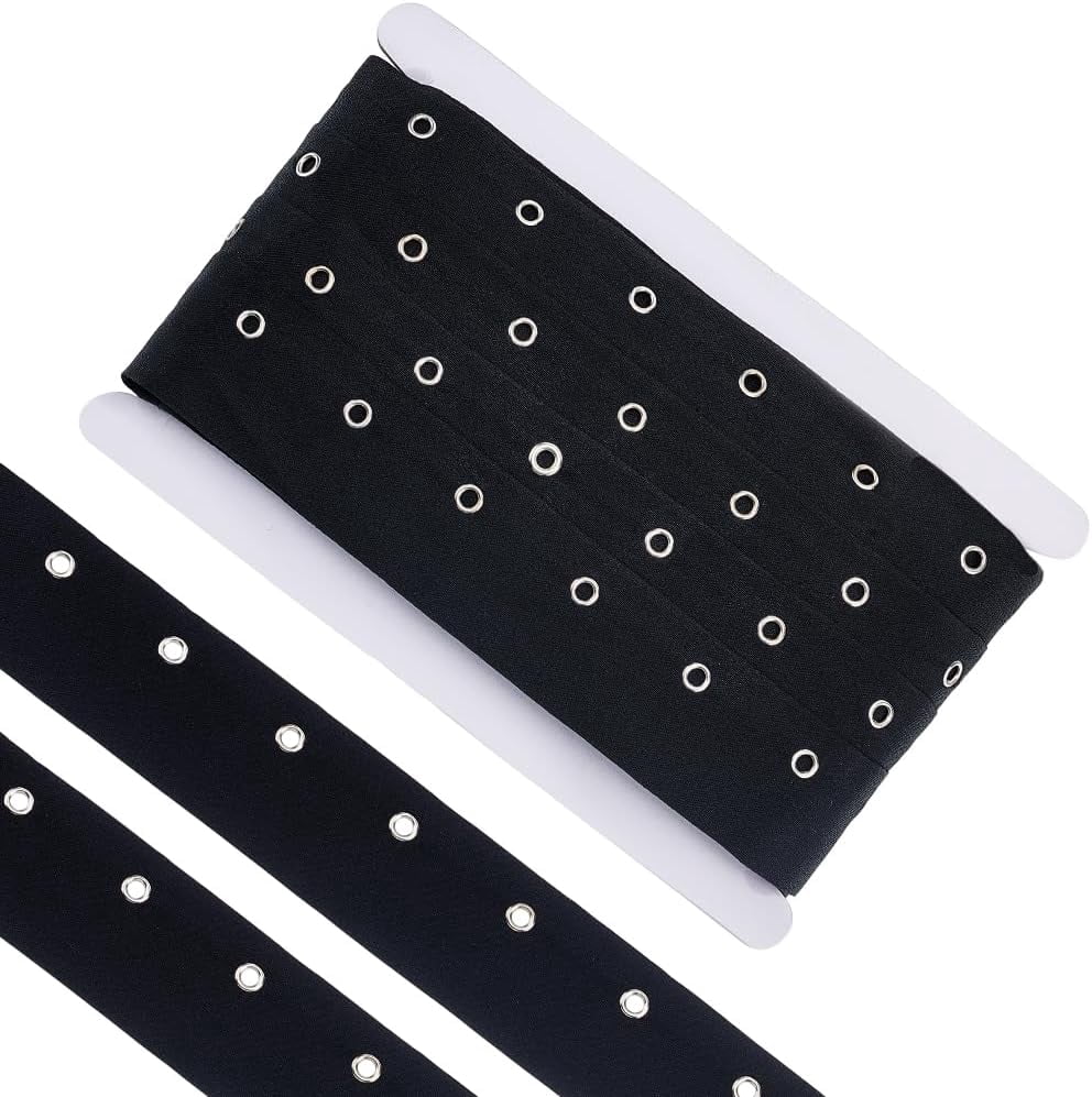 1set 15 Yards Polyester Ribbons with Stainless Steel Eyelet Rings for Garment Accessories Black 1-1/2 inch(39mm)