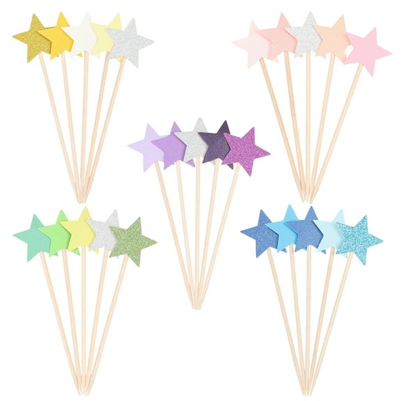 1set 15 sets 5 styles Star Paper Cake Toppers Cake Insert Cards with Bamboo Sticks for Cake Decoration Mixed color 90~90.5x24x2.5mm 5pcs/set 3 sets/style