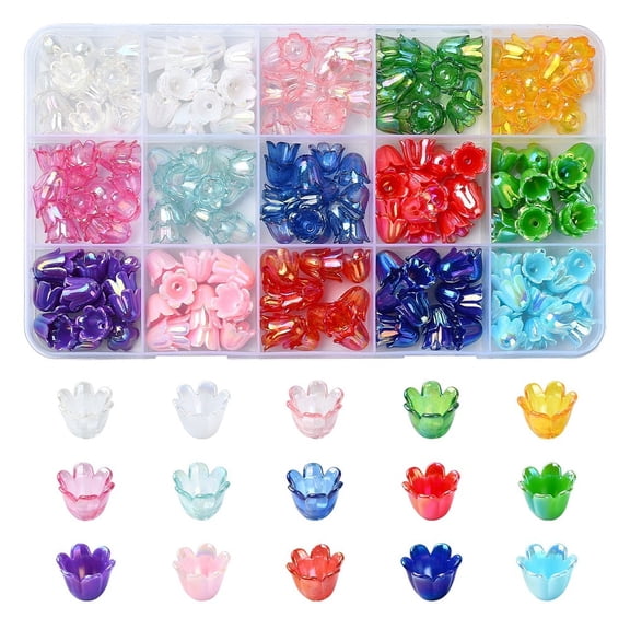 1set 15 styles & Opaque Iridescent Acrylic Bead Caps for Decoration Accessories Flower Mixed color 11x8.5mm Hole: 1.4~1.5mm about 15pcs/style