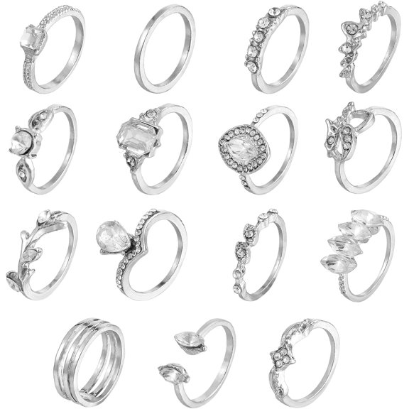 1set 15pcs 15 style Rhinestone Teardrop & Horse Eye & Leaf Finger Rings Alloy Stackable Rings for Women Silver Inner Diameter: 12~16.5mm 1pc/style