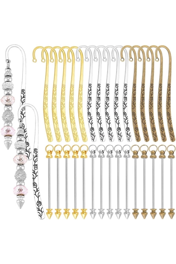 1set 15pcs 3 colors Alloy Bookmark Findings Flower with 15pcs 3 colors Alloy & Iron Beadable Keychain Bar Mixed color 114x20x2mm Hole: 2.5mm