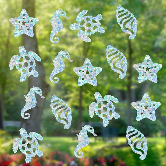 1set 16 Sheets Waterproof PVC Colored Laser Stained Window Film Static Stickers Electrostatic Window Stickers Rectangle Sea Animals 330x830mm