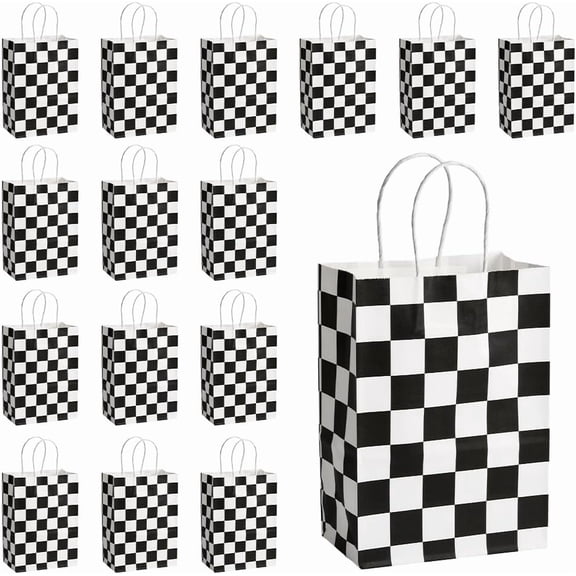 1set 16Pcs 5.9 x 3.2 x 8.3 Inch Checkered Paper Treat Bags Race Car Gift Bags Bulk Rectangle Black White Tartan Grid Shopping Treat Pouches for Birthday Race Car Party Favors Presents Packaging Black