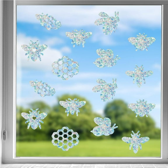 1set 16Pcs Bee Window Clings Honeycomb Windows Decals Anti-Collision 3D Rainbow Film Decorative Static Stickers Sun Catcher Decals for Glass Sliding Door Prevent Birds Strikes Home Decor Colorful DIY
