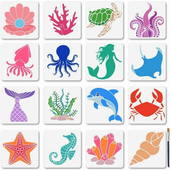 1set 16Pcs Marine Life Stencil Set Reusable Ocean Stencils for Painting 5.95.9inch Dolphins Octopus Art Craft Templates with Paint Brush for Window Wood Wall Home Gift Decor White DIY