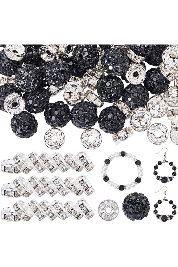 1set 180pcs 10mm Black Rhinestone Beads 8mm Rondelle Spacer Bead Bulk Polymer Clay Glass Silver Brass Pave Disco Ball Loose Beads for Jewelry Making Bracelets Necklace DIY Crafts Accessories