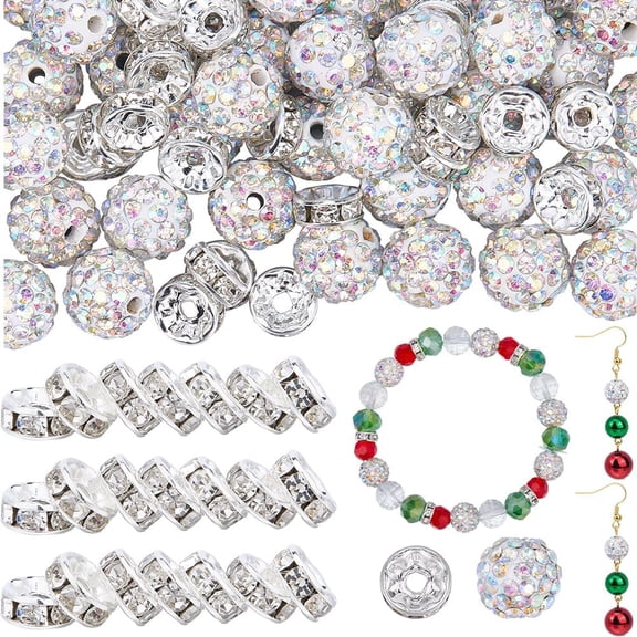 1set 180pcs 10mm Rhinestone Clay Beads 8mm Rondelle Spacer Bead Bulk Small AB Polymer Clay Pave Disco Ball Round Chunky Bubblegum Spacer Beads for Pens Necklace Bracelet Jewelry Making