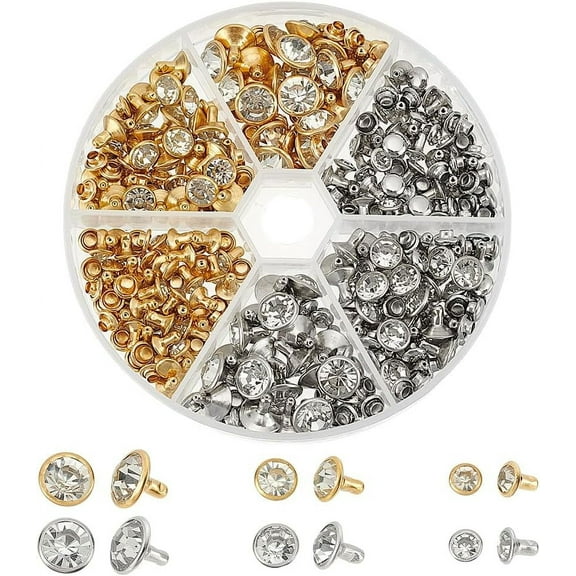 1set 180pcs 6 styles Brass Rhinestone Leather Rivets Kit 6/8/10mm Leather Craft Rhinestone Studs Rapid Rivets Tubular Metal Studs for Clothing Shoes Belt Purse Leather Craft Making