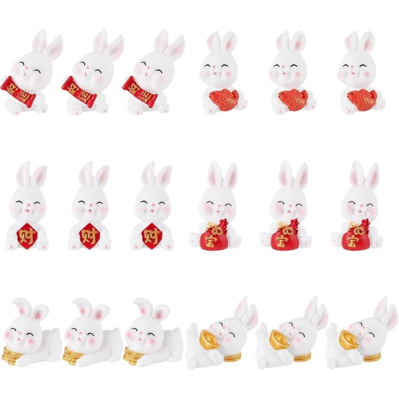 1set 18Pcs 6 Style Miniature Rabbit Figures Chinese Zodiac Year Bunny Mini Resin Ornament Animals Model Decor Bunny Statue Lucky Souvenir for Car Dashboard DIY Home Landscape Garden Decoration