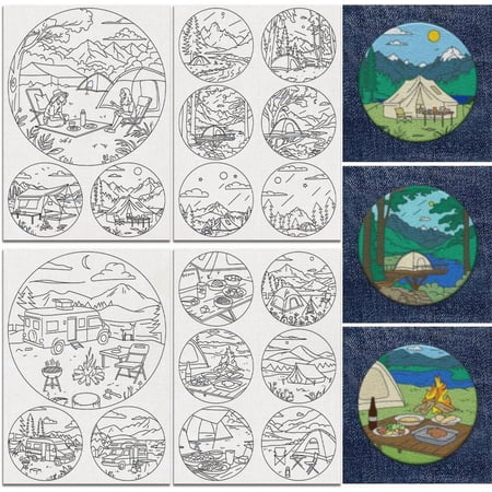 1set 18Pcs Outdoor Camp Water Soluble Hand Sewing Stabilizers 8.3"x11.7" Mountain Tree Camping Embroidery Pattern Stabilizer 4 Sheets RV Picnic Travel Stick and Stitch Embroidery Paper Sticker White