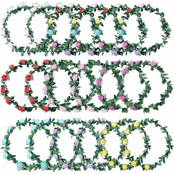 1set 18pcs Rose Flower Crown Multicolor Floral Leaf Wreath Headbands Garland Headpiece for Music Festival Celebration Beach Wedding Party Accessories Photography Props Women