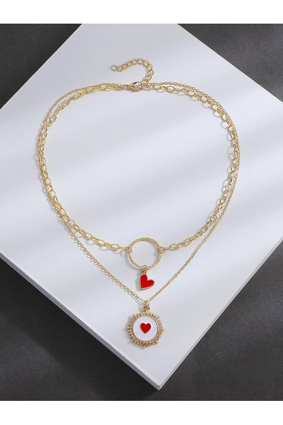 1set 1Pc Layered Sun Necklace Enamel Red Heart Sun Pendant Layer Necklaces Vintage Fashion Stacking Jewelry Versatile Metal Chains for Women Elegant Gifts Personalized Jewelry 15.35 inch(39cm) Gold