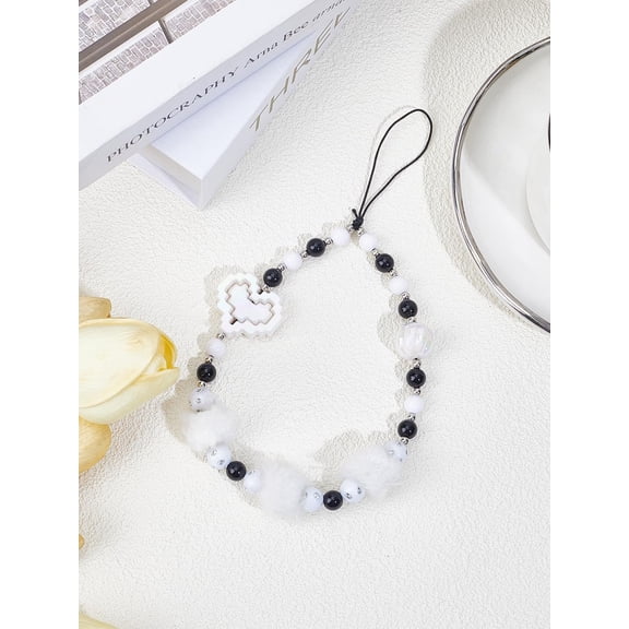 1set 1Pc Plush Balls Mobile Strap Heart Acrylic Mobile Straps for Women Camera Keychain Decoration 210mm for DIY Black