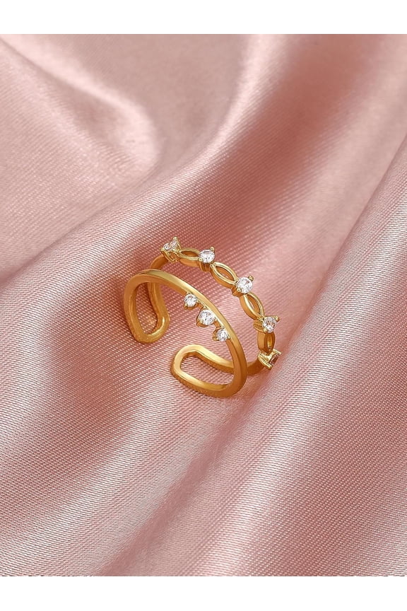 1set 1Pcs Alloy Rhinestone Cuff Rings Adjustable CZ Leaf Open Ring for Women Birthday Festival Personalized Jewelry 8.5mm for DIY Golden