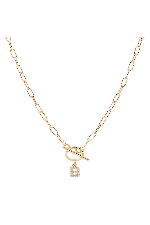 1set 1pc 304 Stainless Steel Chain & Brass Micro Pave Cubic Zirconia Letter Necklaces Golden Lead Free & Nickel Free & Cadmium Free Letter B 18.90 inch(48cm)~19.29 inch(49cm) Letter: 12x6.5mm