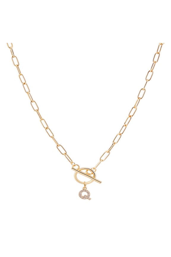 1set 1pc 304 Stainless Steel Chain & Brass Micro Pave Cubic Zirconia Letter Necklaces Golden Lead Free & Nickel Free & Cadmium Free Letter Q 18.90 inch(48cm)~19.29 inch(49cm) Letter: 12.5x8.5mm