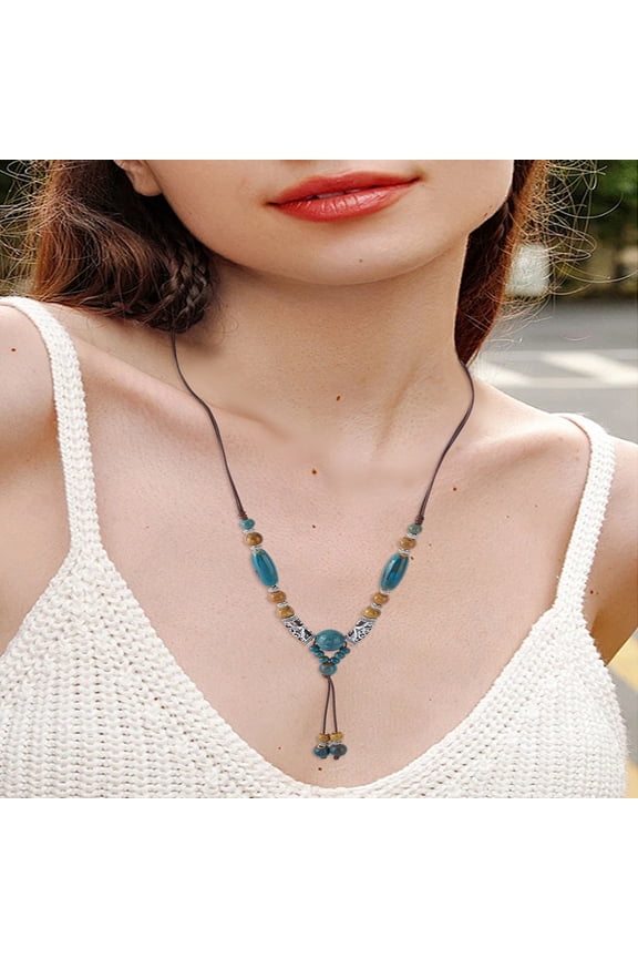 1set 1pc Alloy & Porcelain Barrel Beaded Tassel Long Bib Necklaces for Women Deep Sky Blue 25.98~34.65 inch(66~88cm)