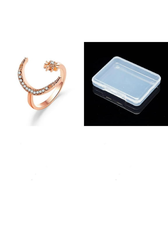 1set 1pc Alloy Rhinestone Cuff Rings for Women Star & Moon Rose golden Inner Diameter: 20mm