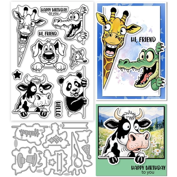1set 1pc Funny Animals Theme Carbon Steel Cutting Dies Stencils with 1pc PVC Clear Stamps for Scrapbooking Photo Album Decorative Embossing Paper Card Mixed Shapes DIY