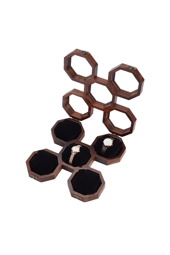 1set 1pcs 5-Slot Octagonal Acacia Wood Plexiglass Visible Window Watch Organizer boxes with 5pcs Velvet & Sponge Bracelet Watch Pillow Coconut Brown box: 27.5x26.5x5.05cm