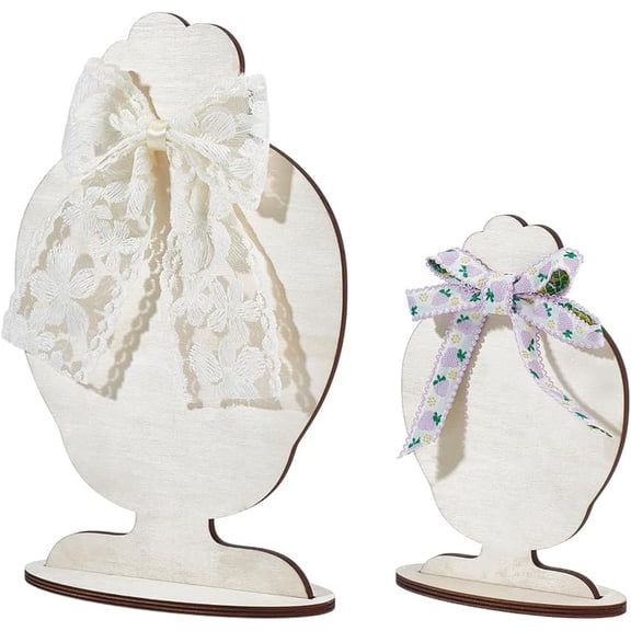1set 2 Bags 2 styles Cute Girl Head Shaped Plywood Hairpin Display Rack Wooden Hair Clip Holders Old Lace 12~18x5~8x18.2~30.3cm 1 bag/style