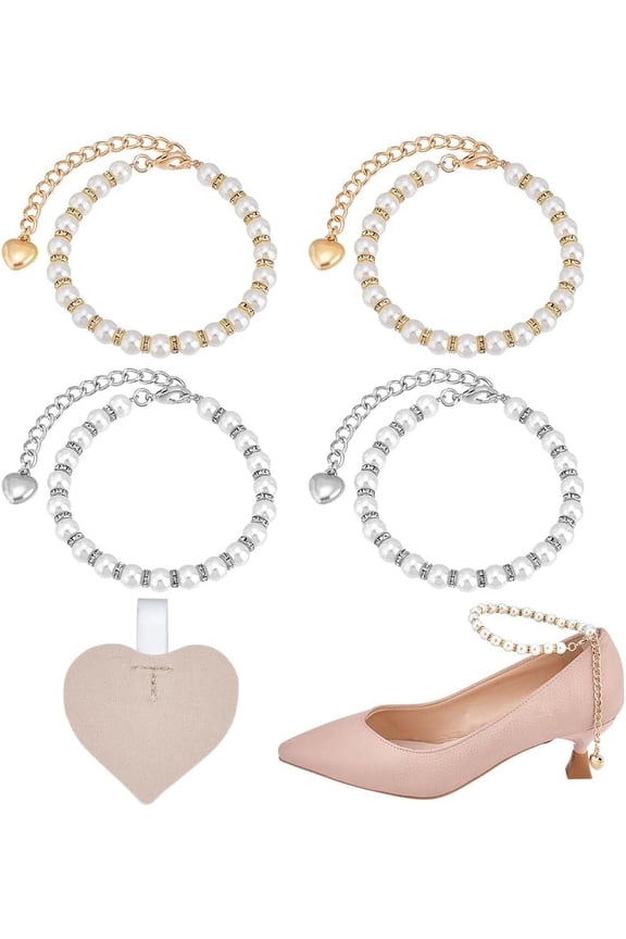 1set 2 Pairs 2 colors Alloy Shoelace for High-heeled Shoes with ABS Plastic Beads & Golden 210mm 1 pair/color