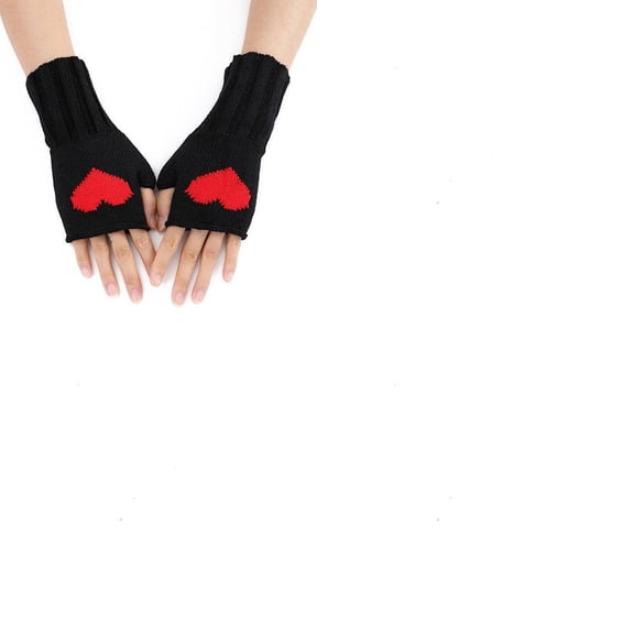 1set 2 Pairs Acrylic Fiber Yarn Knitting Fingerless Gloves Two Tone Heart Pattern Winter Warm Gloves with Thumb Hole Black 200x85mm