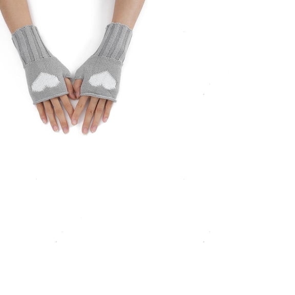 1set 2 Pairs Acrylic Fiber Yarn Knitting Fingerless Gloves Two Tone Heart Pattern Winter Warm Gloves with Thumb Hole Dark Gray 200x85mm