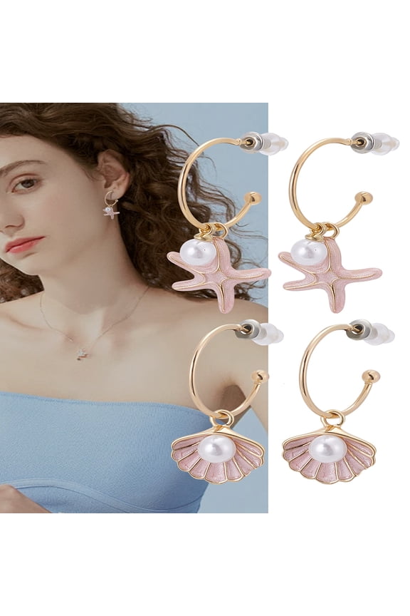 1set 2 Pairs Alloy Enamel Stud Earrings with Resin Imitation Pearl Beads Star & Shell Shape Left and Right Golden 33~37x15~17mm