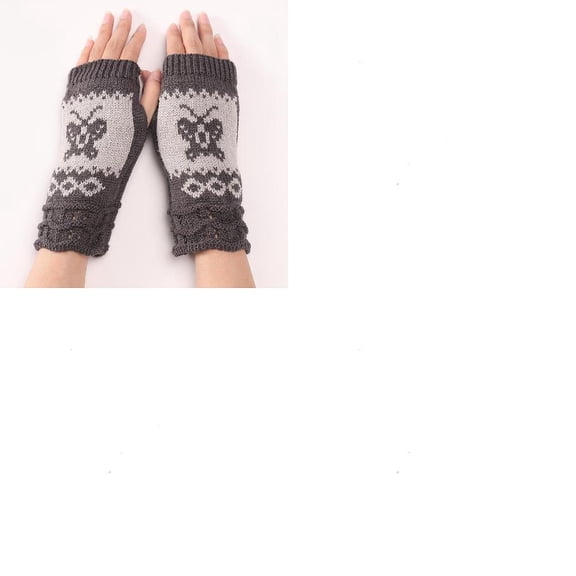 1set 2 Pairs Polyacrylonitrile Fiber Yarn Knitting Fingerless Gloves Winter Warm Gloves with Thumb Hole Butterfly Pattern Gray 200x80mm